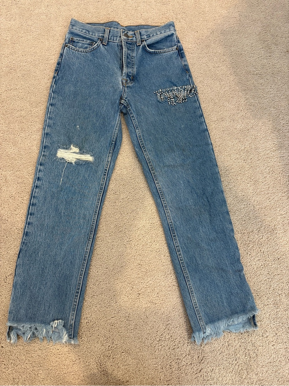 Carmar Women’s Distressed Blue Denim Jeans with Frayed Hem
